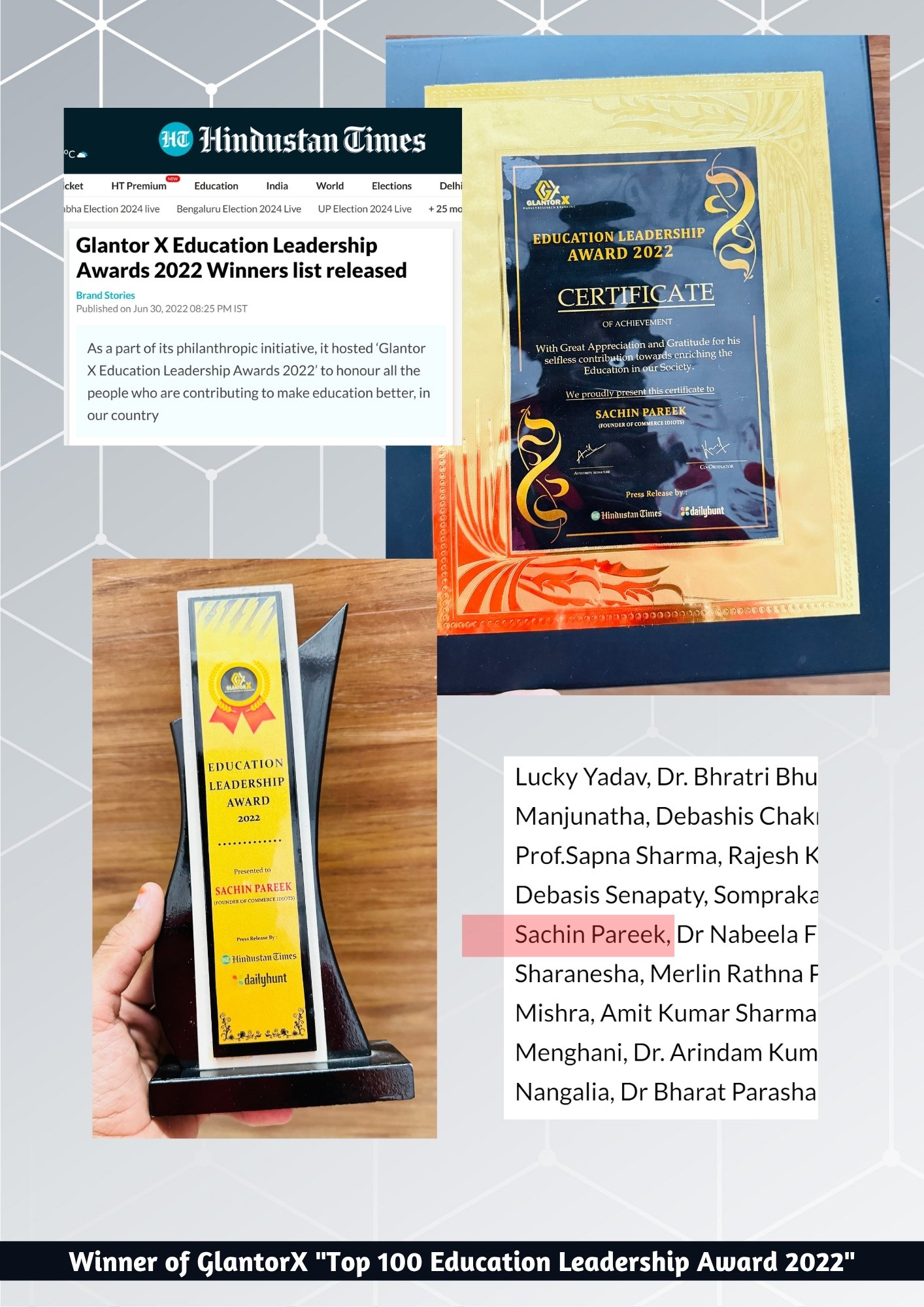 Sachin Pareek Honored with the Top 100 Education Leadership Award 2022 by GlantorX