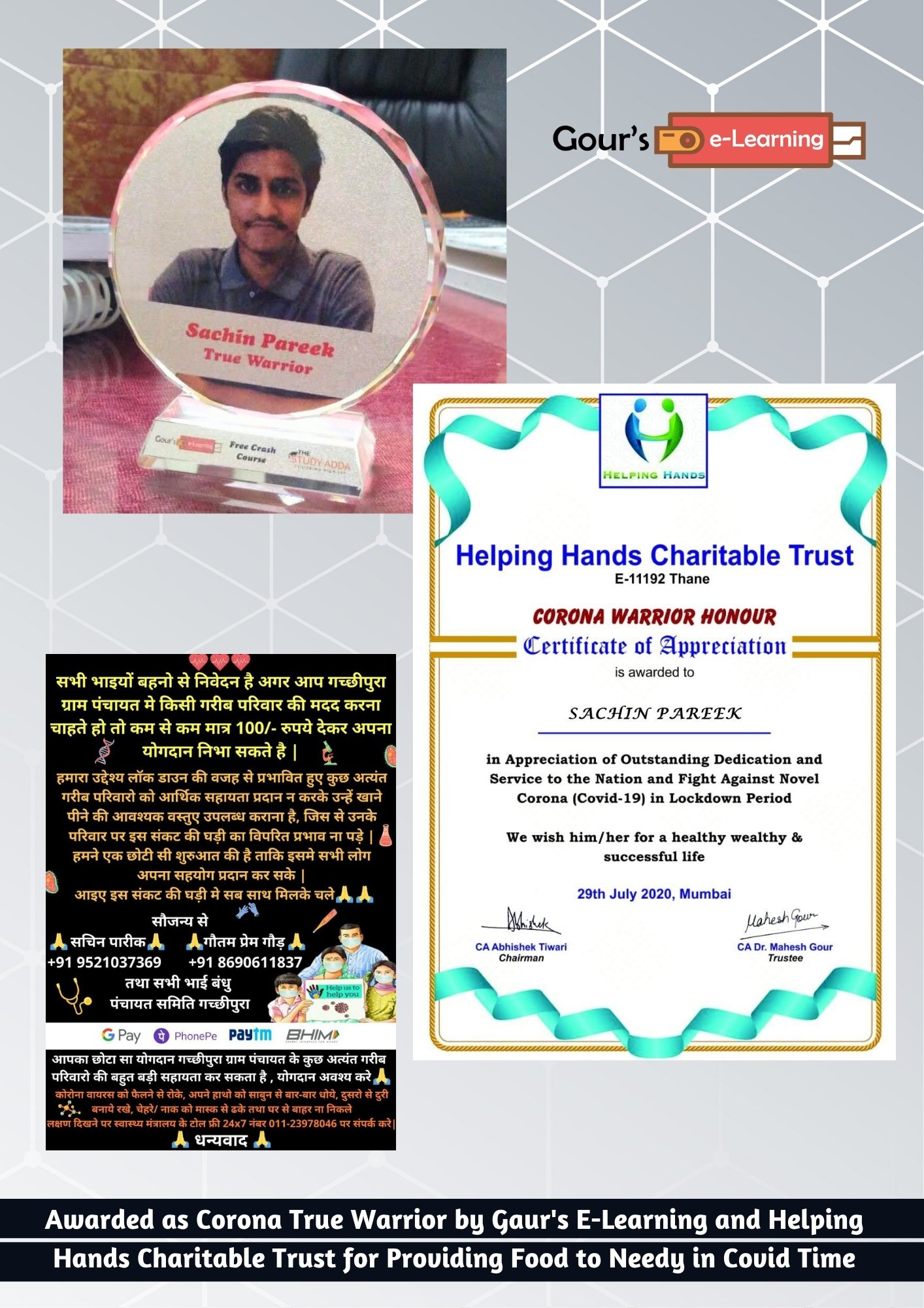 Sachin Pareek Awarded as Corona True Warrior for Community Service During COVID-19