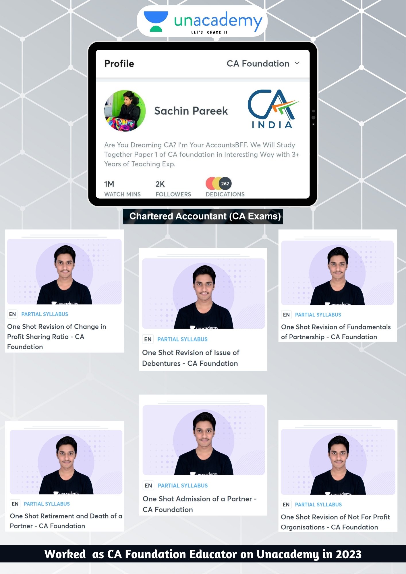 Sachin Pareek Worked as CA Foundation Educator at Unacademy in 2023