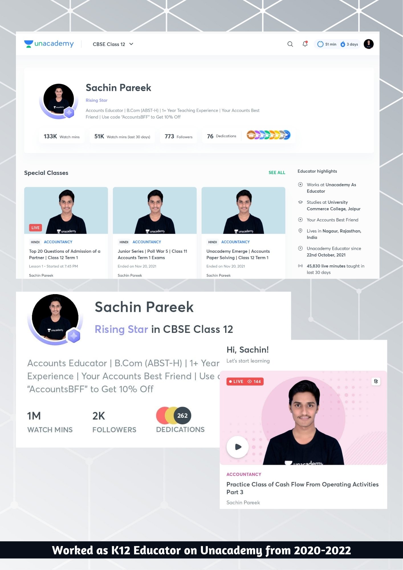 Sachin Pareek Worked as a K12 Educator on Unacademy (2020–2022)